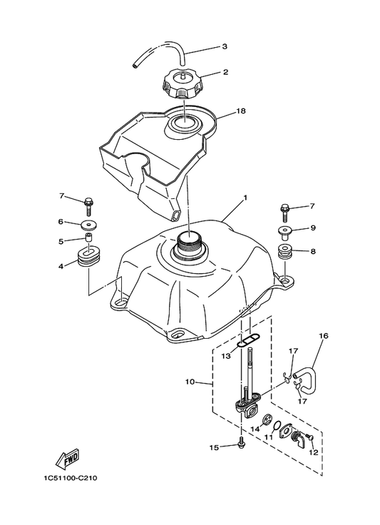 Yamaha 55W-24500-10 Fuel Cock Assy 1 — shown on the Fuel Tank parts diagram