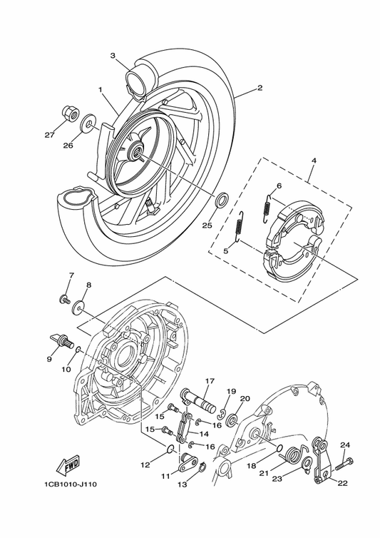 Yamaha 5UY-W253E-00 Brake Shoe Kit — shown on the Rear Wheel parts diagram