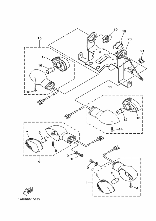 Yamaha 1CB-83340-00 Rear Flasher Light Assy 2 — shown on the Flasher Light parts diagram