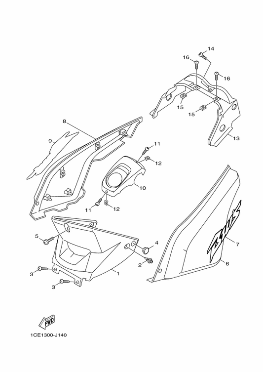 Yamaha 1CE-F1781-00 Emblem, 1 — shown on the Side Cover parts diagram