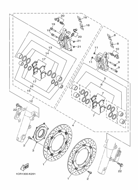 Yamaha 1CR-2580U-00 Caliper Assy (Right) — shown on the Front Brake Caliper parts diagram