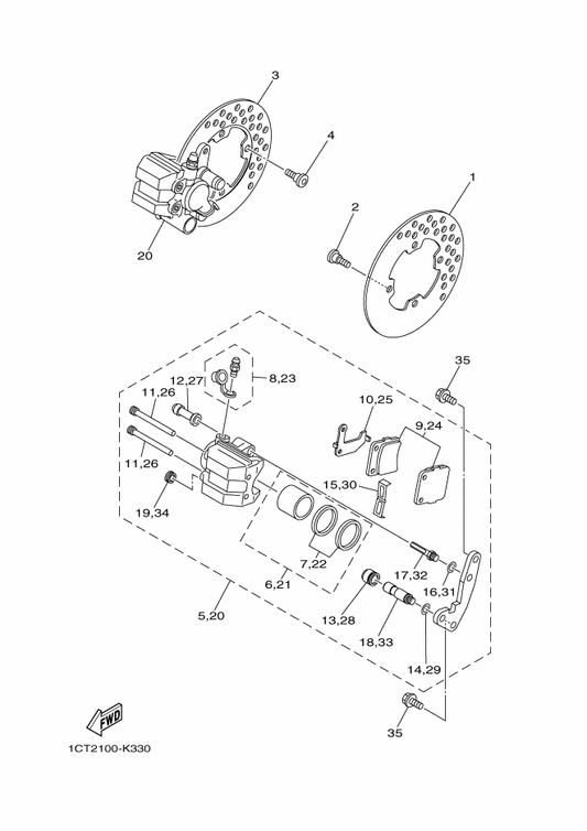 Yamaha 5ND-F582T-00 Disc, Brake (Left) — shown on the Front Brake Caliper parts diagram