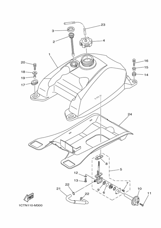 Yamaha 5GH-24500-10 Fuel Cock Assy 1 — shown on the Fuel Tank parts diagram