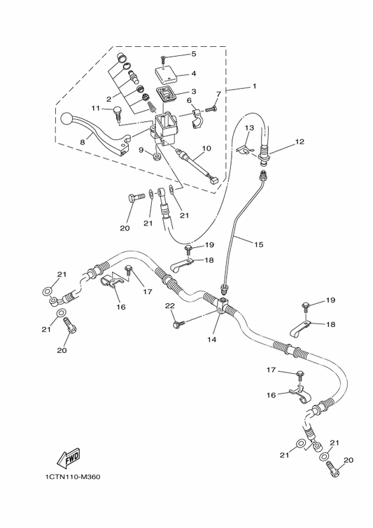 Yamaha 1CU-F5873-01 Hose, Brake 2 — shown on the Front Master Cylinder parts diagram