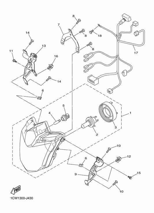 Yamaha 1CW-84359-00 Cord, Headlight — shown on the Headlight parts diagram
