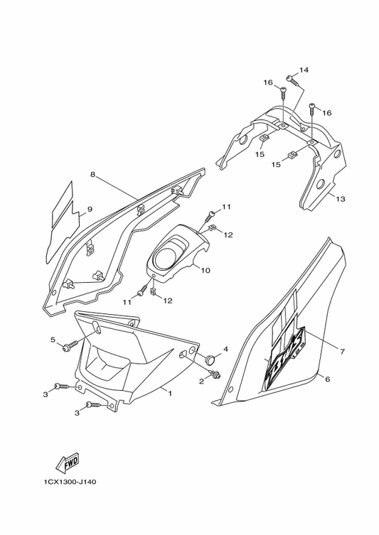 Yamaha 1CX-F1782-00 Emblem, 2 — shown on the Side Cover parts diagram
