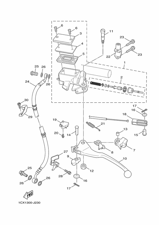 Yamaha 1CX-F5872-00 Hose, Brake 1 — shown on the Front Master Cylinder parts diagram