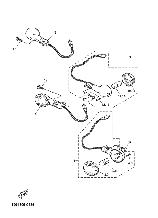 Yamaha 1D0-H3340-00 Flasher Light Assy 2 — shown on the Flasher Light parts diagram
