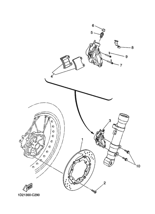 Yamaha 1D2-F5919-00 . Support, Pad — shown on the Front Brake Caliper parts diagram
