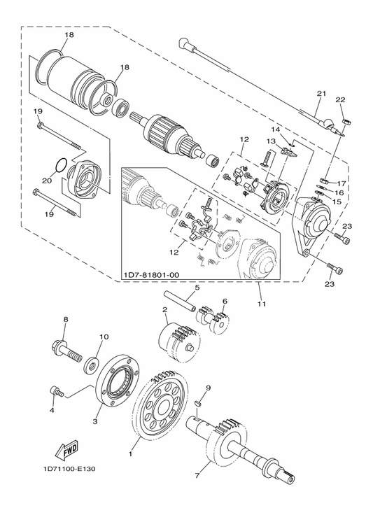Yamaha 1D7-15521-00 Shaft 1 — shown on the Starter parts diagram