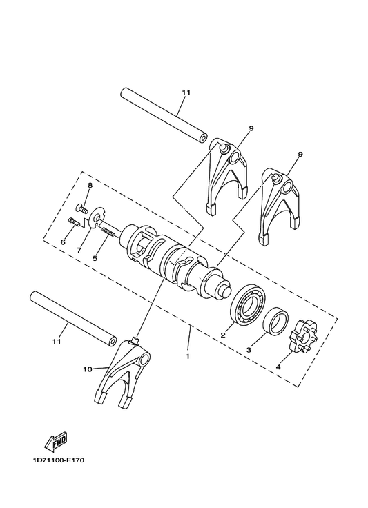 Yamaha 1D7-18511-00 Fork, Shift 1 — shown on the Shift Cam & Fork parts diagram