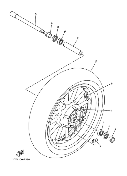 Yamaha 1D7-25168-10-P0 Cast Wheel, Front — shown on the Front Wheel parts diagram