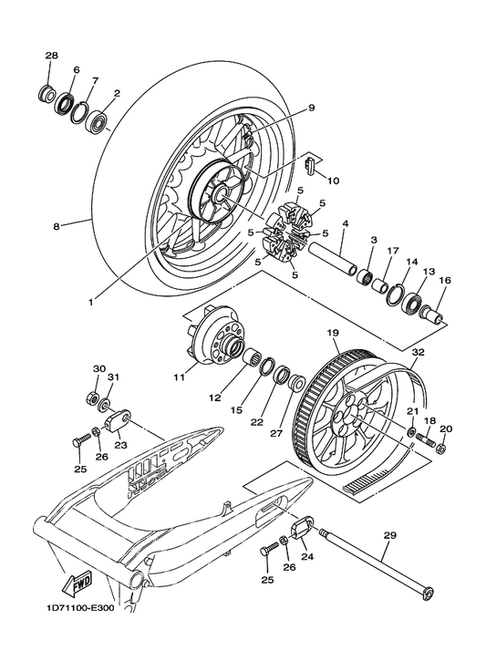 Yamaha 4WM-25470-11 Sprocket, Driven (70T) — shown on the Rear Wheel parts diagram