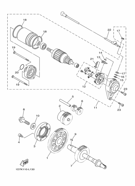 Yamaha 1D7-15512-01 Gear, Idler 1 — shown on the Starter parts diagram