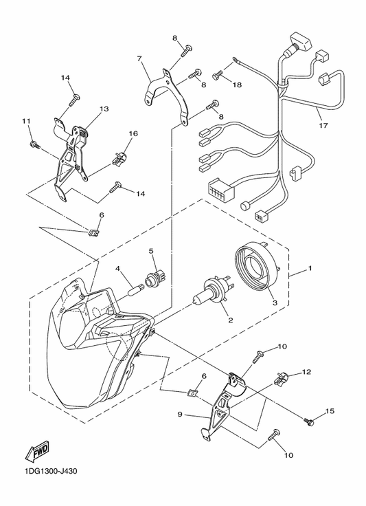 Yamaha 1DG-84359-00 Cord, Headlight — shown on the Headlight parts diagram