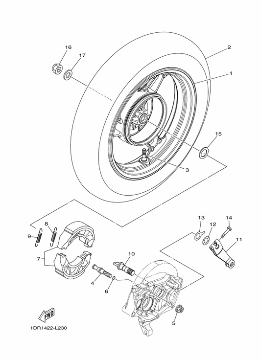 Yamaha 90185-14801 Nut, Self-Locking — shown on the Rear Wheel For Cast Wheel parts diagram