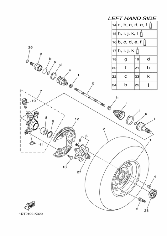 Yamaha 1DT-23501-00 Steering Knuckle Assy (Left) — shown on the Front Wheel parts diagram