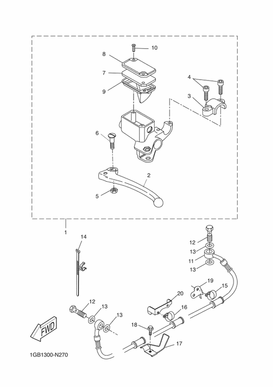 Yamaha 1GB-F5873-00 Hose, Brake 2 — shown on the Rear Master Cylinder parts diagram