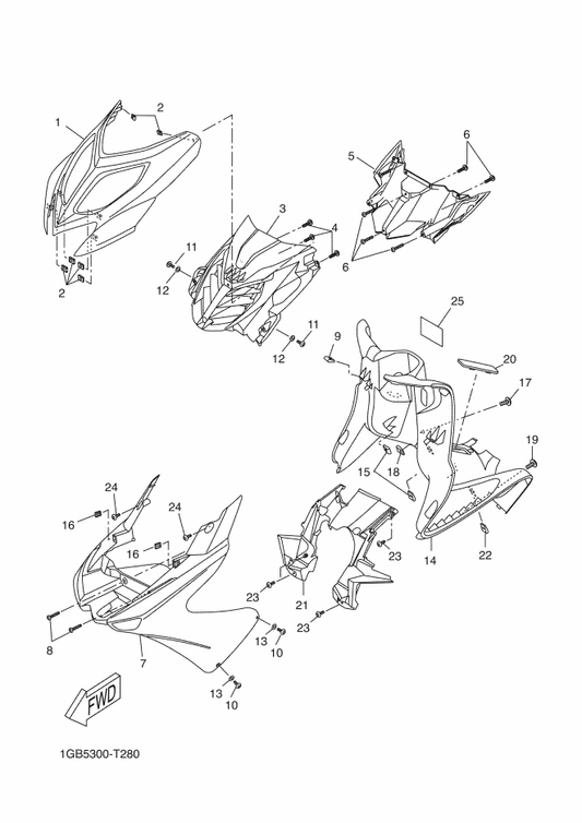 Yamaha 1PH-F835G-00-PC Body, Front Upper 1 — shown on the Leg Shield parts diagram