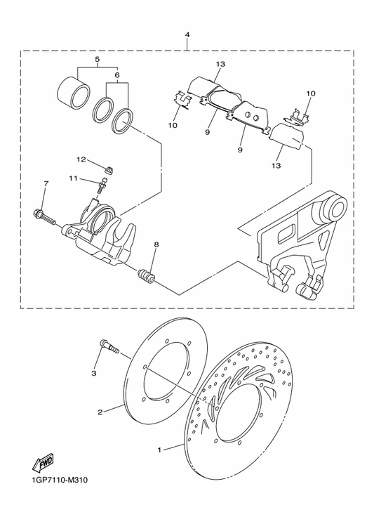 Yamaha 5C7-2581A-00 Plate, Disk — shown on the Rear Brake Caliper parts diagram