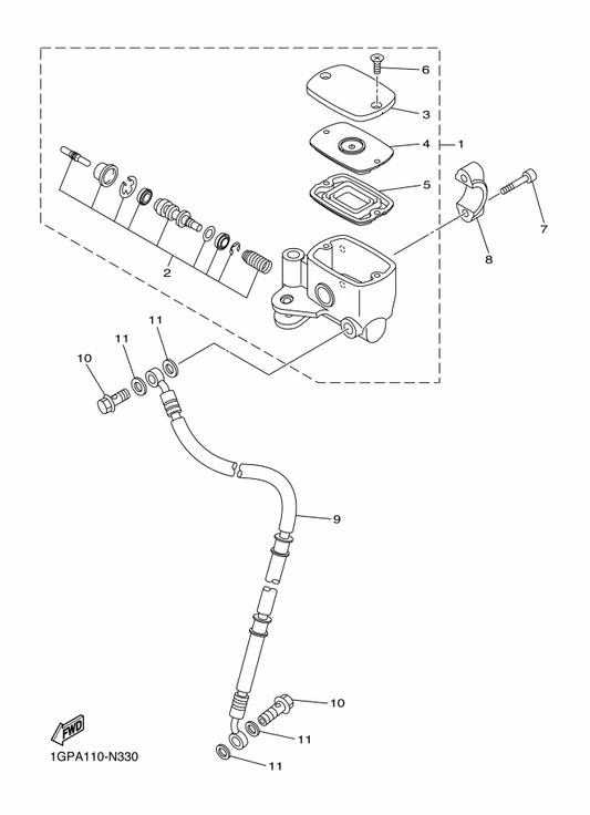 Yamaha 27D-25872-00 Hose, Brake 1 — shown on the Front Master Cylinder parts diagram