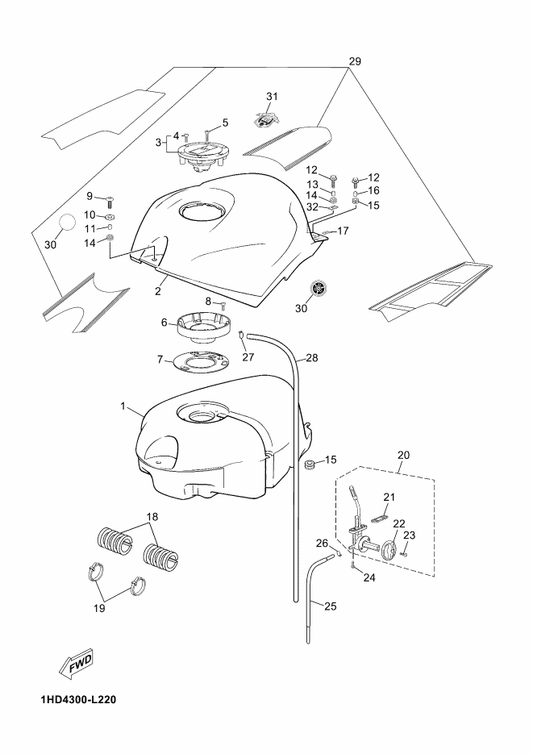 Yamaha 5WX-F411X-00-PD Outer Panel Comp — shown on the Fuel Tank parts diagram