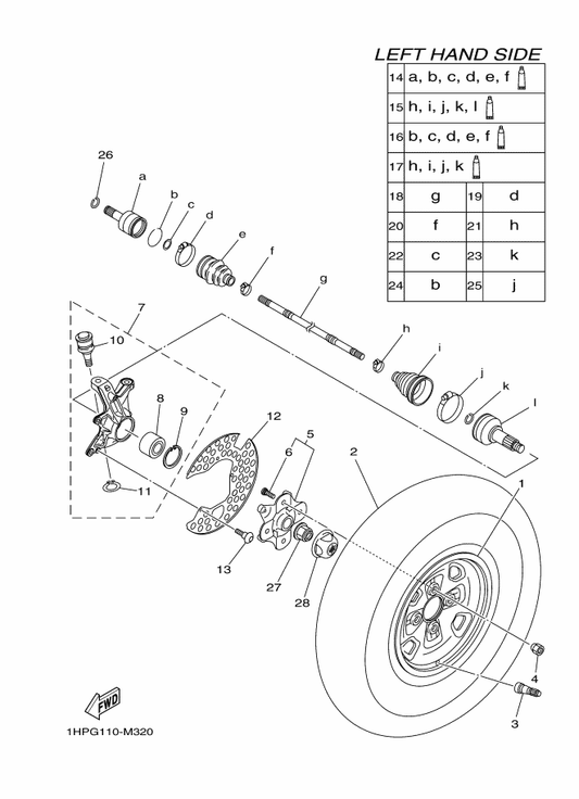 Yamaha 28P-2518E-00 Shaft — shown on the Front Wheel parts diagram