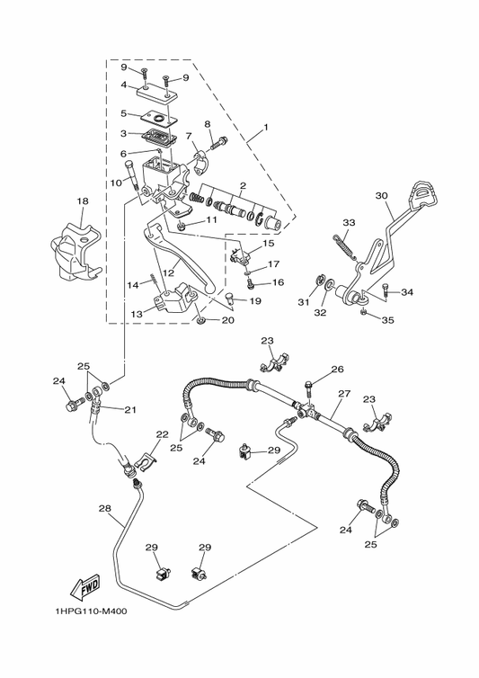 Yamaha 1HP-F5874-10 Hose, Brake — shown on the Rear Master Cylinder parts diagram