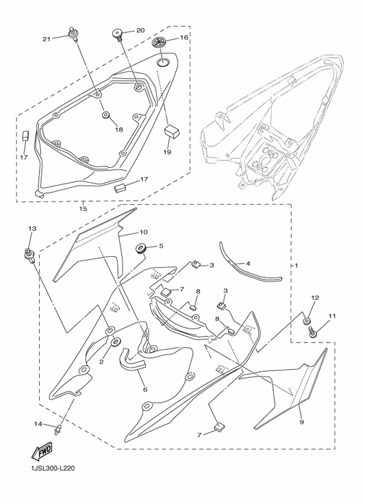 Yamaha 13S-21720-10-P1 Side Cover Assy 2 — shown on the Side Cover parts diagram