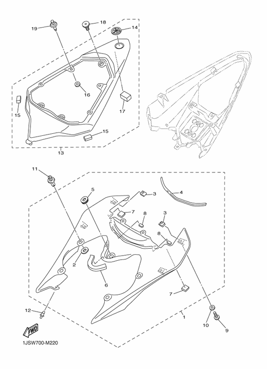 Yamaha 13S-21720-00-P1 Side Cover Assy 2 — shown on the Side Cover parts diagram