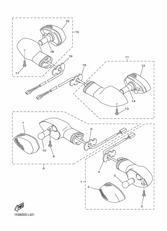 Yamaha 1KB-83330-00 Rear Flasher Light Assy 1 — shown on the Flasher Light parts diagram