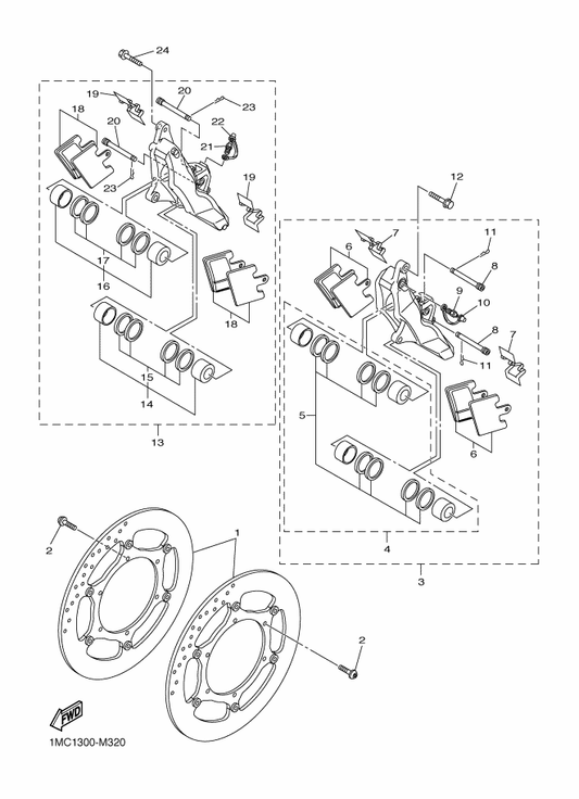 Yamaha 3P6-25919-00 . Support, Pad — shown on the Front Brake Caliper parts diagram