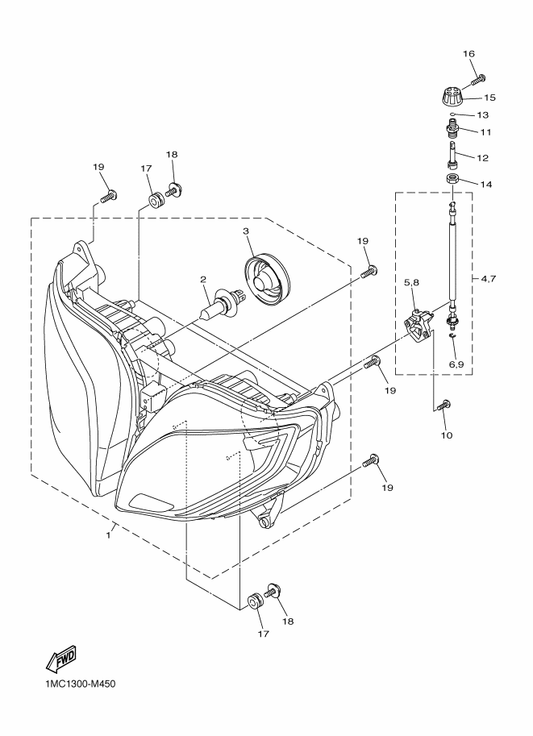 Yamaha 1MC-84387-00 Holder — shown on the Headlight parts diagram