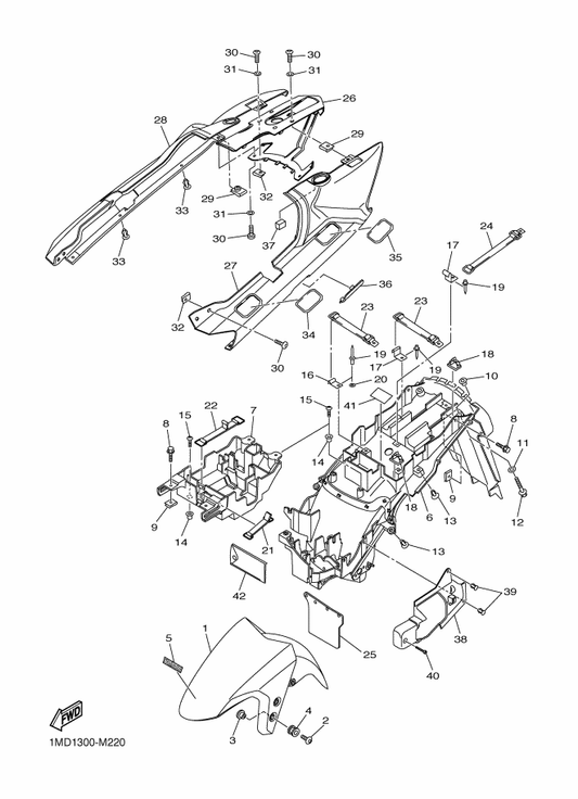 Yamaha 1MD-21611-00 Fender, Rear — shown on the Fender parts diagram