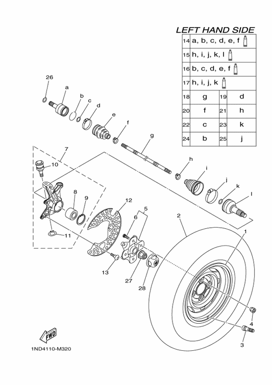 Yamaha 1ND-F5180-10 Wheel Comp. — shown on the Front Wheel parts diagram