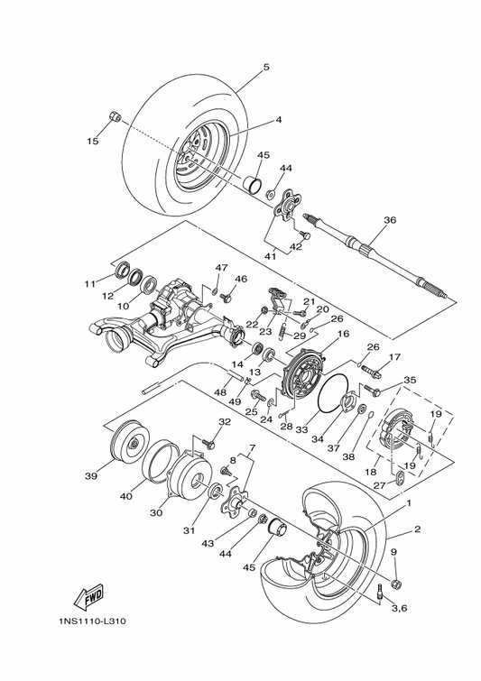 Yamaha 1NS-F5381-00 Axle, Wheel — shown on the Rear Wheel parts diagram