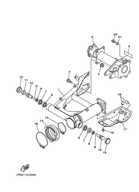 Yamaha 4XE-F214H-01 Shaft, Pivot 2 — shown on the Rear Arm parts diagram