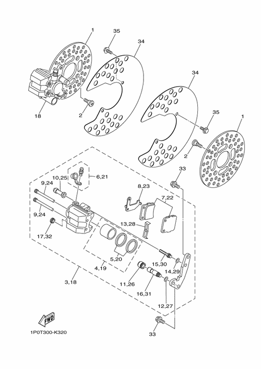 Yamaha 90105-08161 Bolt, Flange — shown on the Front Brake Caliper parts diagram