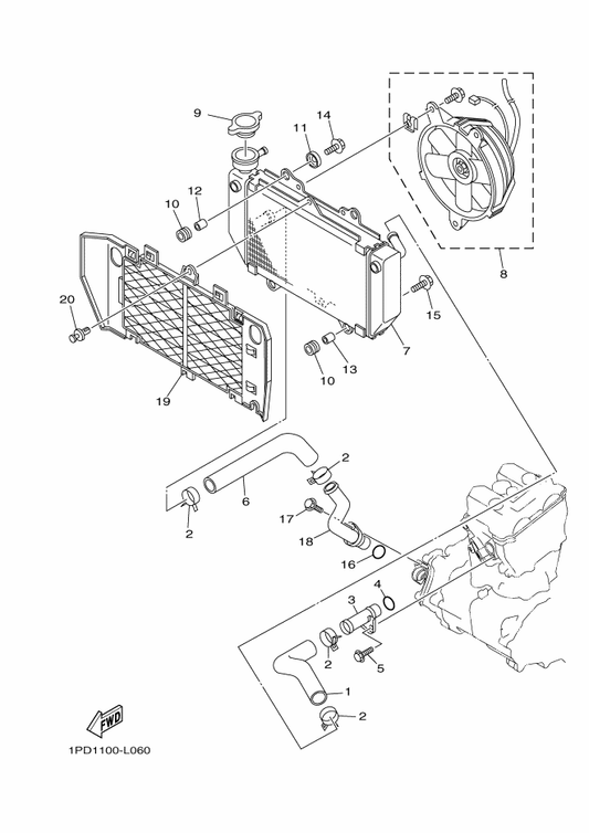 Yamaha 5TG-12481-00 Pipe 1 — shown on the Radiator & Hose parts diagram