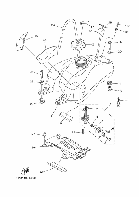 Yamaha 5TG-24181-00 Damper, Locating 1 — shown on the Fuel Tank parts diagram