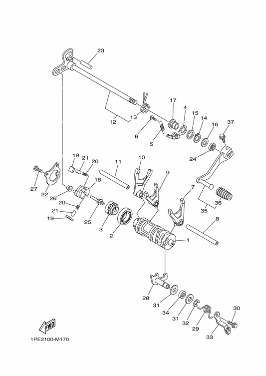 Yamaha 1PE-18511-00 Fork, Shift 1 — shown on the Shift Cam & Fork parts diagram