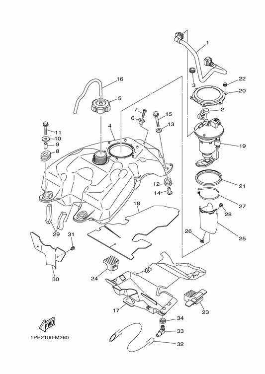 Yamaha 1PE-13971-00 Pipe, Fuel 1 — shown on the Fuel Tank parts diagram
