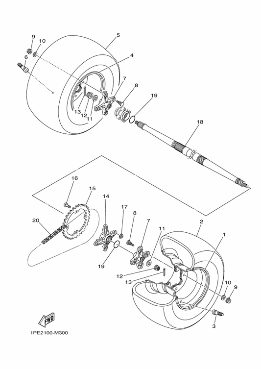 Yamaha 1PE-F5383-00 Collar, Wheel — shown on the Rear Wheel parts diagram