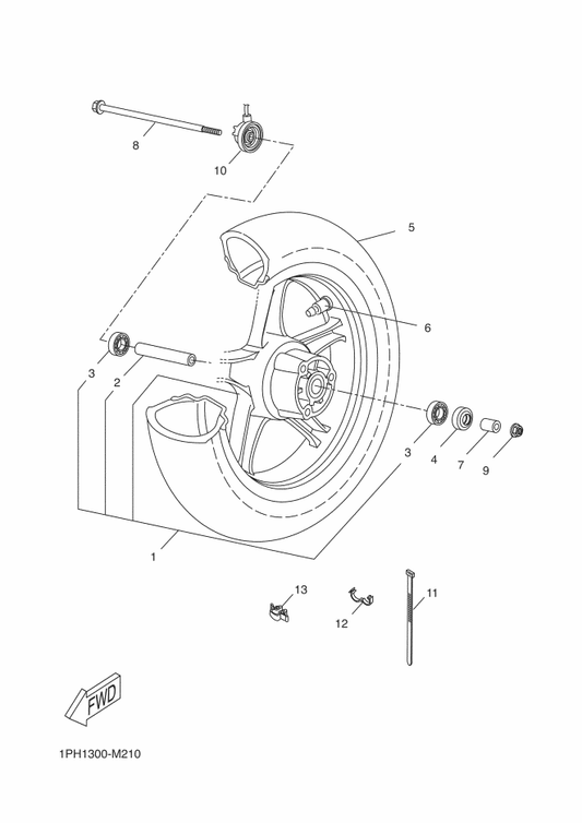 Yamaha 90387-10X00 Collar — shown on the Front Wheel parts diagram