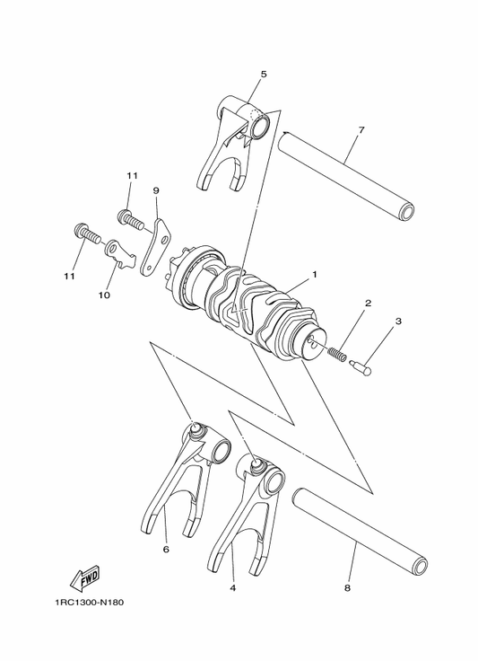 Yamaha B7N-18536-00 Stopper, Shift Bar — shown on the Shift Cam & Fork parts diagram