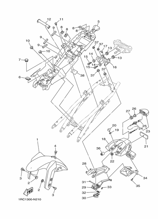 Yamaha 1RC-21511-00-P1 Fender, Front — shown on the Fender parts diagram