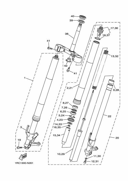 Yamaha 1RC-23111-10 . Bolt, Cap — shown on the Front Fork parts diagram