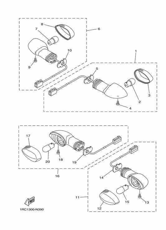 Yamaha 1KB-83310-00 Front Flasher Light Assy 1 — shown on the Flasher Light parts diagram