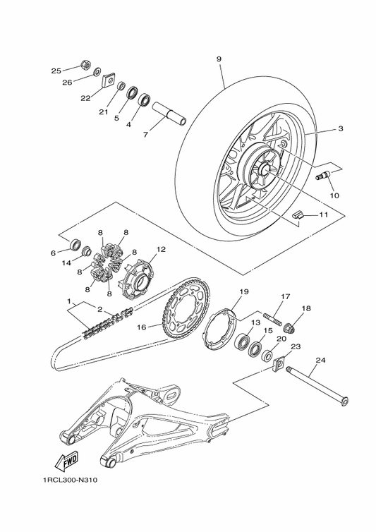 Yamaha 1RC-25338-00-P1 Cast Wheel, Rear — shown on the Rear Wheel parts diagram