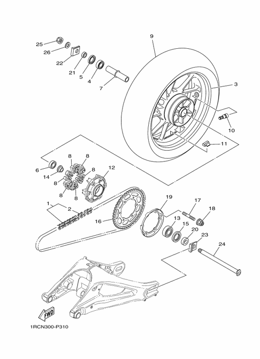 Yamaha 2SC-25338-00-P0 Cast Wheel, Rear — shown on the Rear Wheel parts diagram